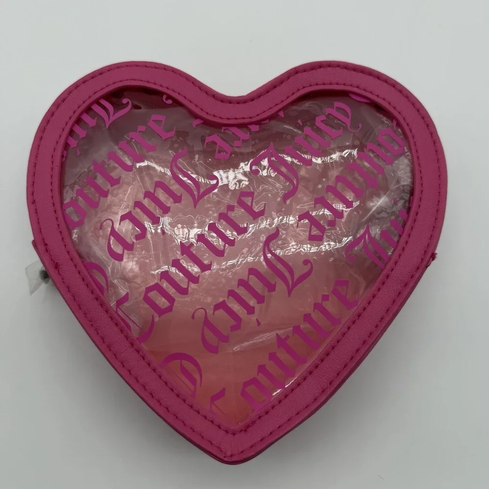 Juicy Couture Heart Shaped Clear Travel Cosmetic Pouch Hot Pink NWOT